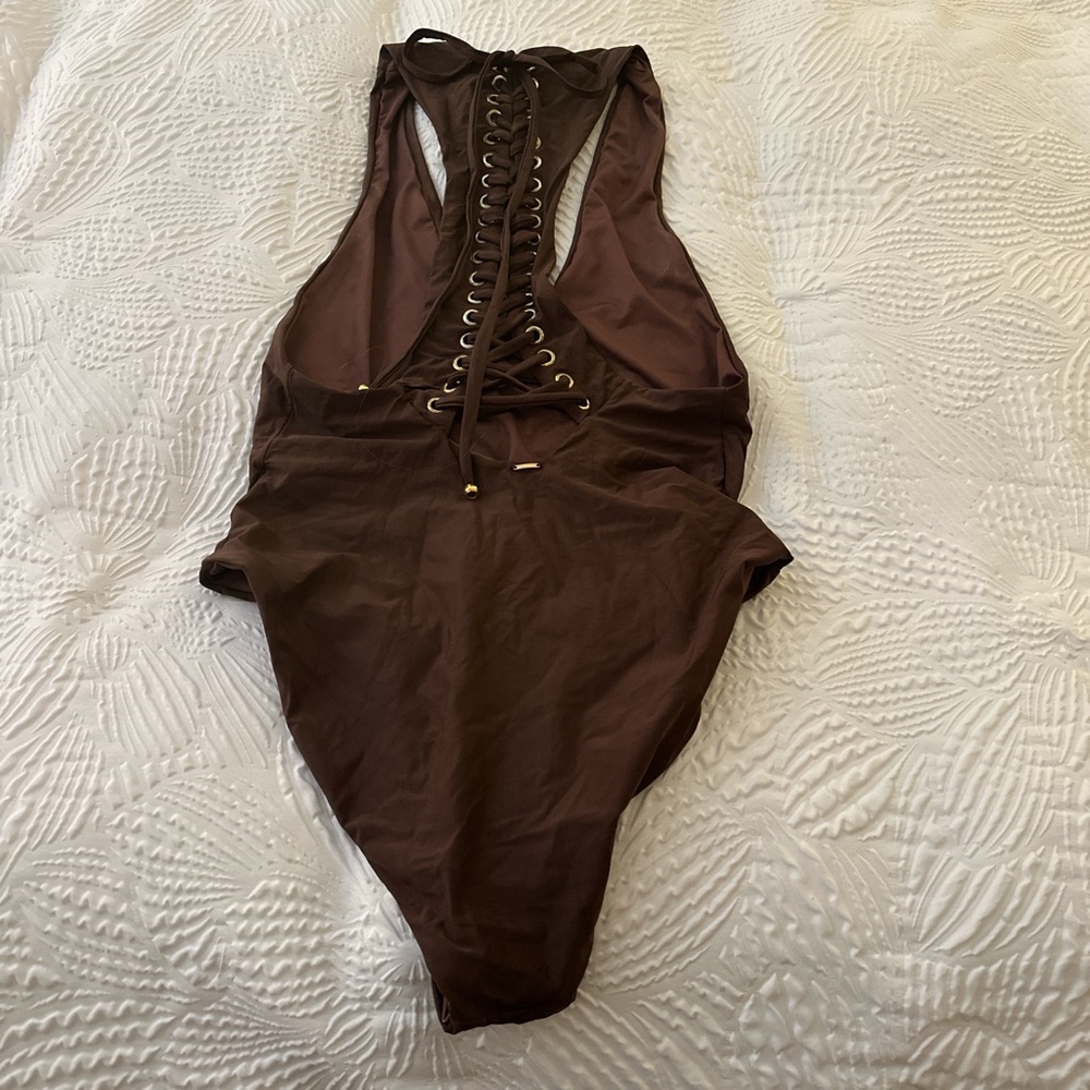 Elegant Brown Lace-Up Women Swim One Piece